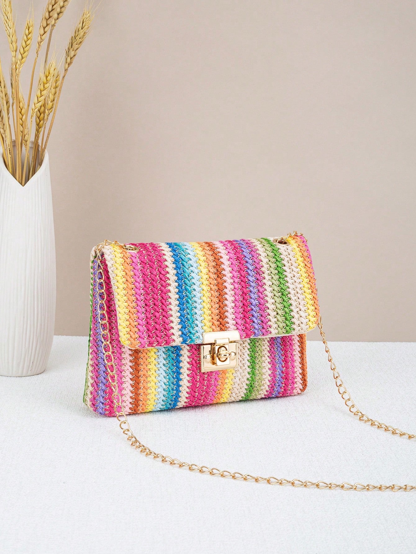 Woven Colorful Shoulder Chain Bag Ladies' Small Square Bag, Spring/Summer Casual Beach Bag, High Capacity Women's Bag,Straw Bag
