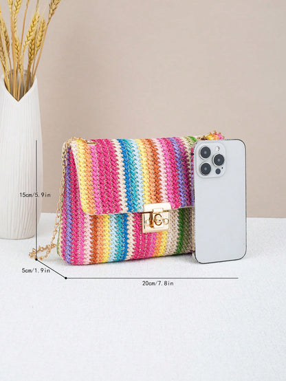Woven Colorful Shoulder Chain Bag Ladies' Small Square Bag, Spring/Summer Casual Beach Bag, High Capacity Women's Bag,Straw Bag