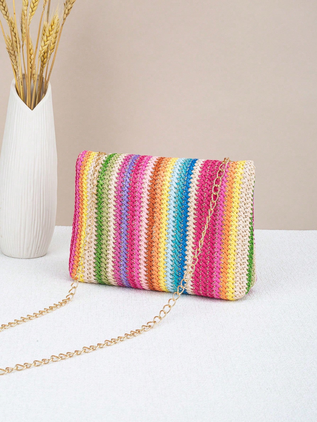 Woven Colorful Shoulder Chain Bag Ladies' Small Square Bag, Spring/Summer Casual Beach Bag, High Capacity Women's Bag,Straw Bag