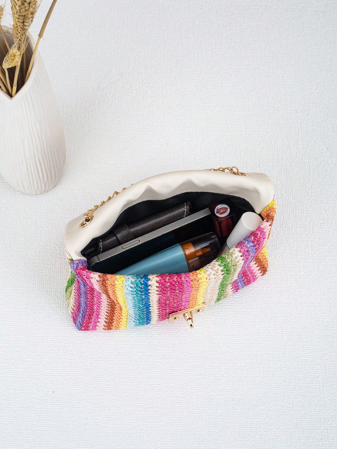 Woven Colorful Shoulder Chain Bag Ladies' Small Square Bag, Spring/Summer Casual Beach Bag, High Capacity Women's Bag,Straw Bag