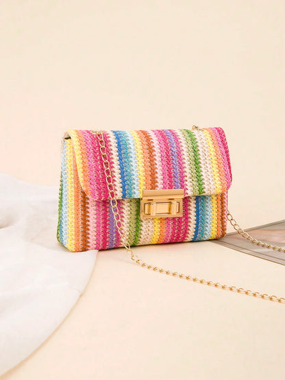 Woven Colorful Shoulder Chain Bag Ladies' Small Square Bag, Spring/Summer Casual Beach Bag, High Capacity Women's Bag,Straw Bag