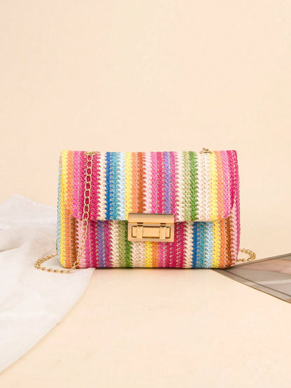 Woven Colorful Shoulder Chain Bag Ladies' Small Square Bag, Spring/Summer Casual Beach Bag, High Capacity Women's Bag,Straw Bag