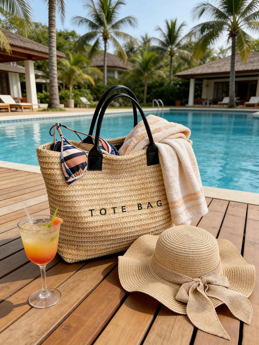 Woven Straw Tote Bag, Beach Vacation "TOTE BAG" Print Straw Handbag, Versatile As Beach Tote, Summer Handbag, Grocery Bag, Bohemian Summer Touch, Suitable For Beach Lovers, Boho Style Enthusiasts, Wom