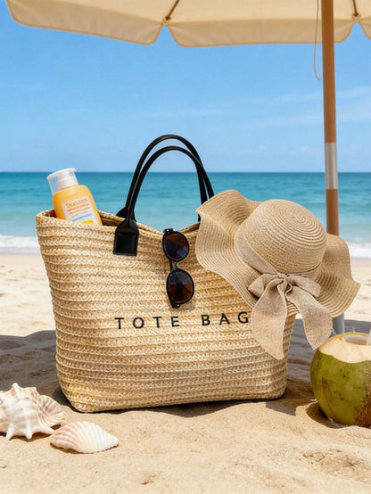 Woven Straw Tote Bag, Beach Vacation "TOTE BAG" Print Straw Handbag, Versatile As Beach Tote, Summer Handbag, Grocery Bag, Bohemian Summer Touch, Suitable For Beach Lovers, Boho Style Enthusiasts, Wom