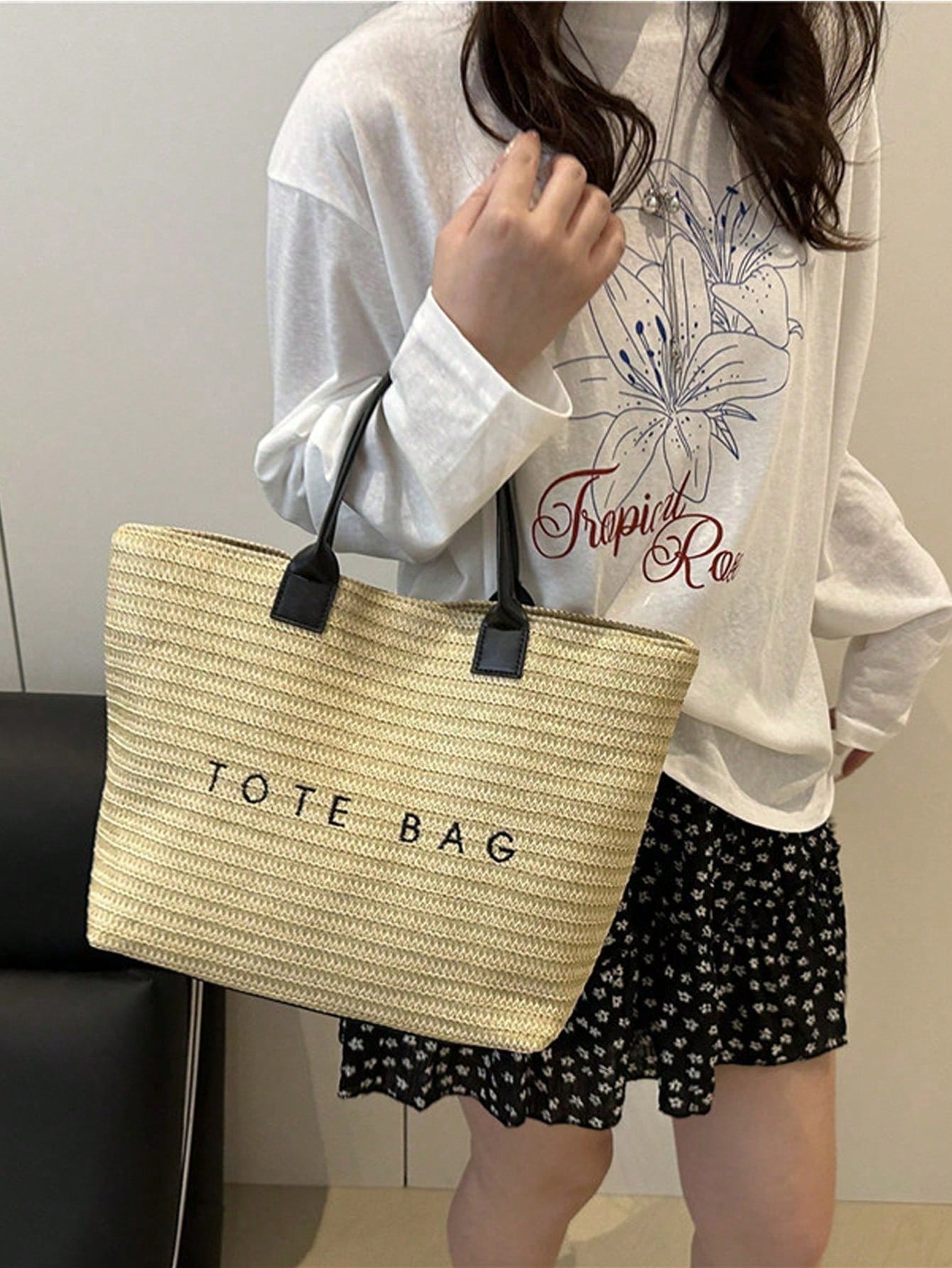 Woven Straw Tote Bag, Beach Vacation "TOTE BAG" Print Straw Handbag, Versatile As Beach Tote, Summer Handbag, Grocery Bag, Bohemian Summer Touch, Suitable For Beach Lovers, Boho Style Enthusiasts, Wom