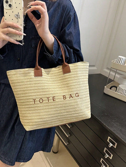 Woven Straw Tote Bag, Beach Vacation "TOTE BAG" Print Straw Handbag, Versatile As Beach Tote, Summer Handbag, Grocery Bag, Bohemian Summer Touch, Suitable For Beach Lovers, Boho Style Enthusiasts, Wom