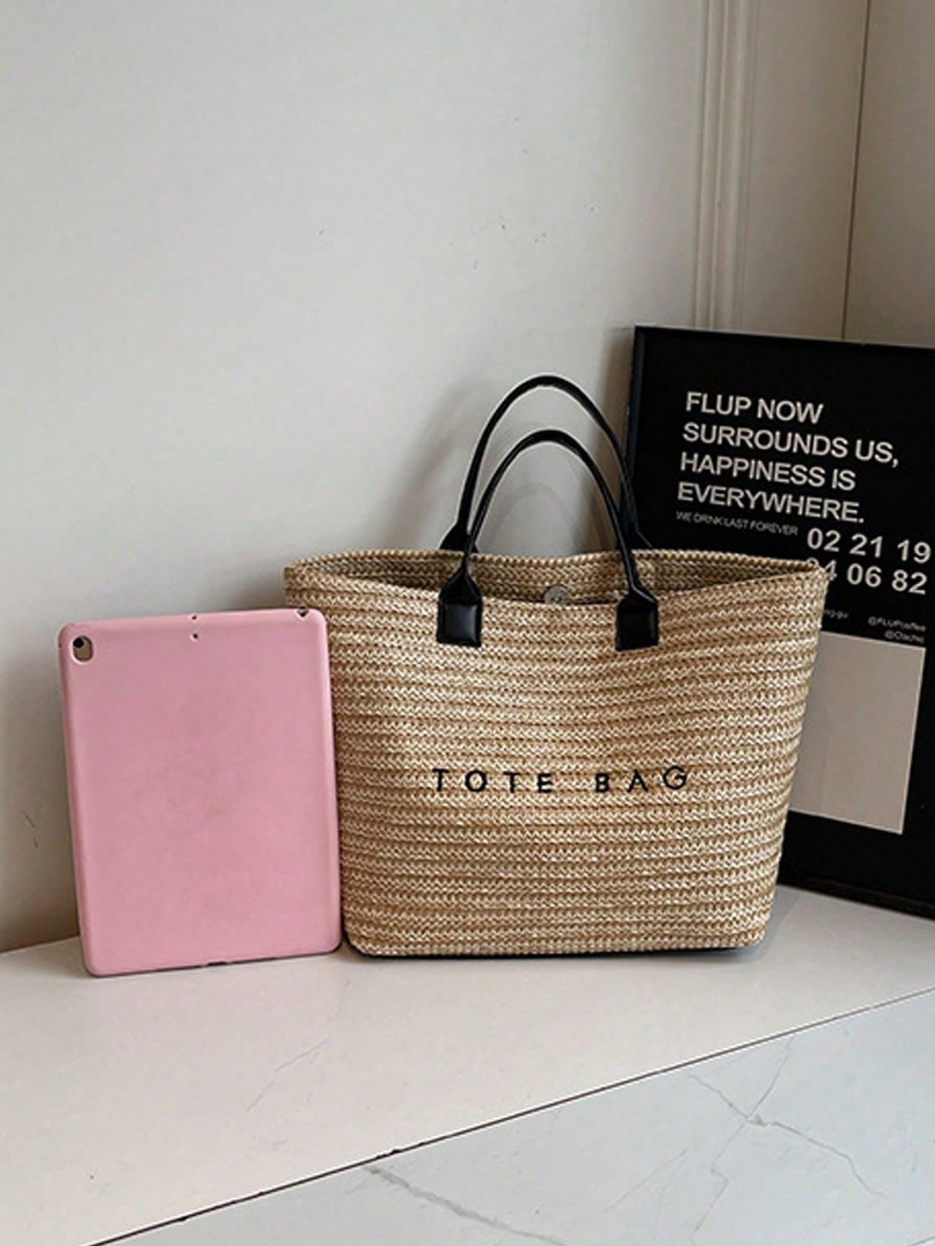 Woven Straw Tote Bag, Beach Vacation "TOTE BAG" Print Straw Handbag, Versatile As Beach Tote, Summer Handbag, Grocery Bag, Bohemian Summer Touch, Suitable For Beach Lovers, Boho Style Enthusiasts, Wom