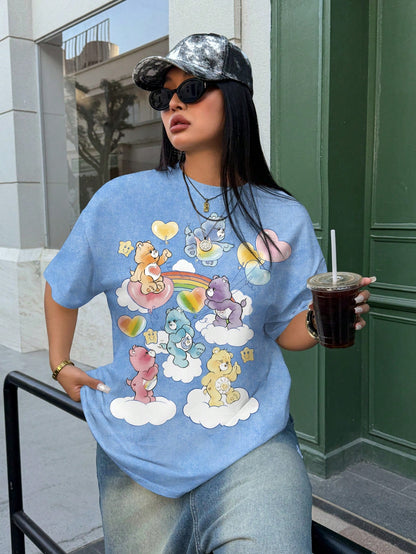 X Care Bears Plus Size Cute Cartoon Print Round Neck Short Sleeve T-Shirt