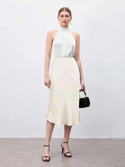 X ITS MICH BizChic Apricot Women's Skirt, Cream Hem Fishtail A-Line, Elegant Minimalist Casual Vacation Party Date Wedding Guest Independence Day Graduation Season Music Festival Slimming Elegan