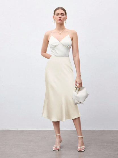 X ITS MICH BizChic Apricot Women's Skirt, Cream Hem Fishtail A-Line, Elegant Minimalist Casual Vacation Party Date Wedding Guest Independence Day Graduation Season Music Festival Slimming Elegan
