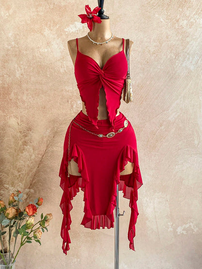 X YERIMUA Soleia 2pcs Women's Vacation Twist Camisole Asymmetric Ruffle Hem Skirt Set New Year Dress Elegant Sexy For Party Club Night Out Red Summer