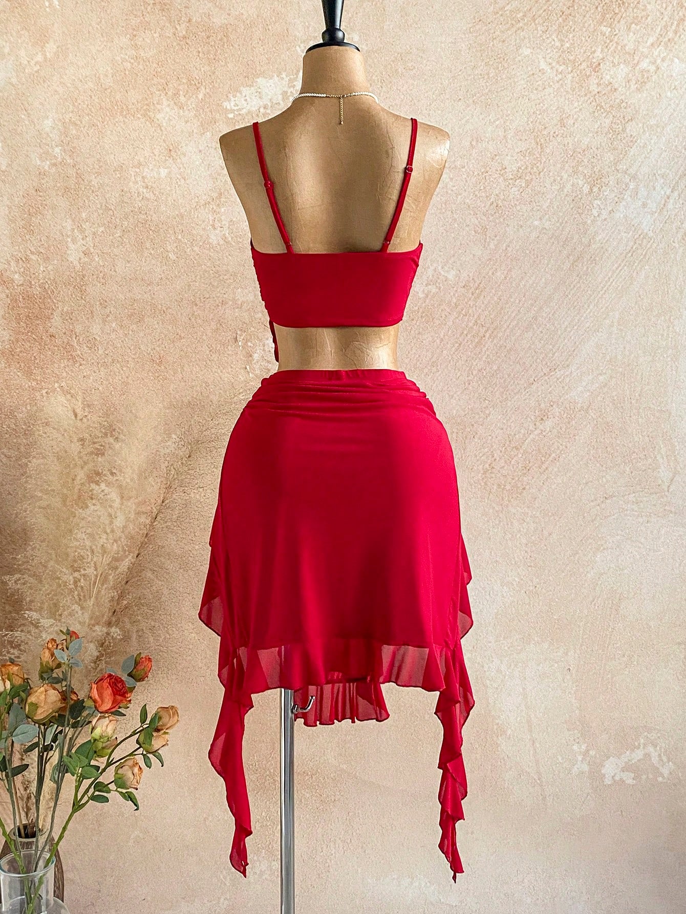 X YERIMUA Soleia 2pcs Women's Vacation Twist Camisole Asymmetric Ruffle Hem Skirt Set New Year Dress Elegant Sexy For Party Club Night Out Red Summer