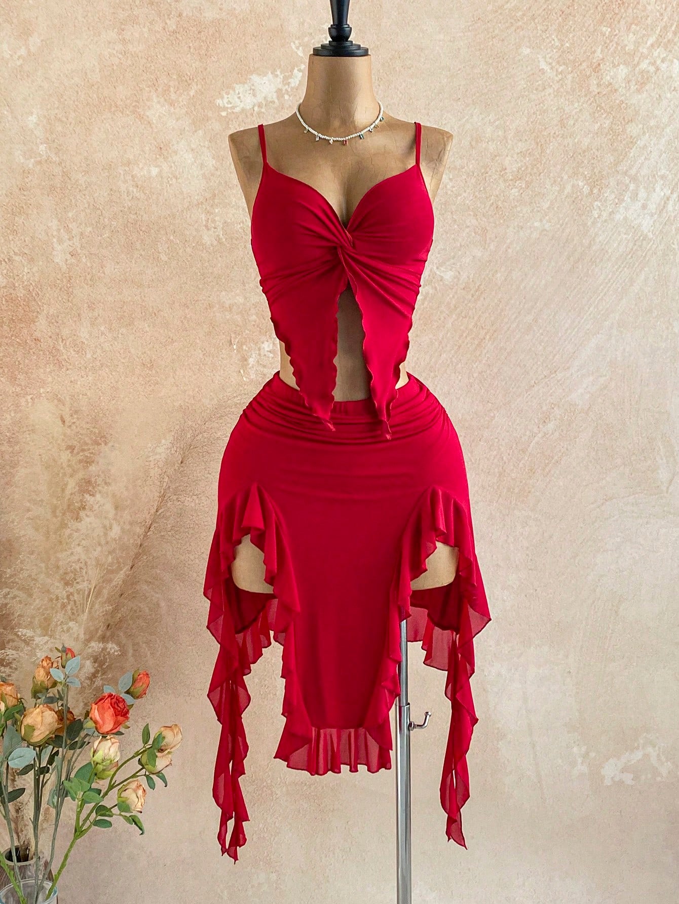 X YERIMUA Soleia 2pcs Women's Vacation Twist Camisole Asymmetric Ruffle Hem Skirt Set New Year Dress Elegant Sexy For Party Club Night Out Red Summer