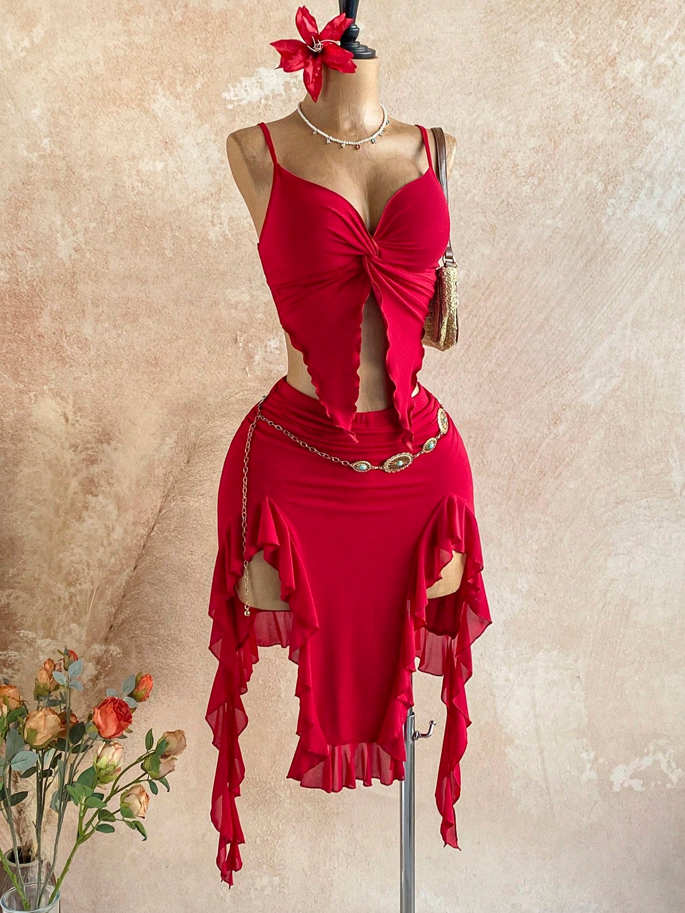 X YERIMUA Soleia 2pcs Women's Vacation Twist Camisole Asymmetric Ruffle Hem Skirt Set New Year Dress Elegant Sexy For Party Club Night Out Red Summer