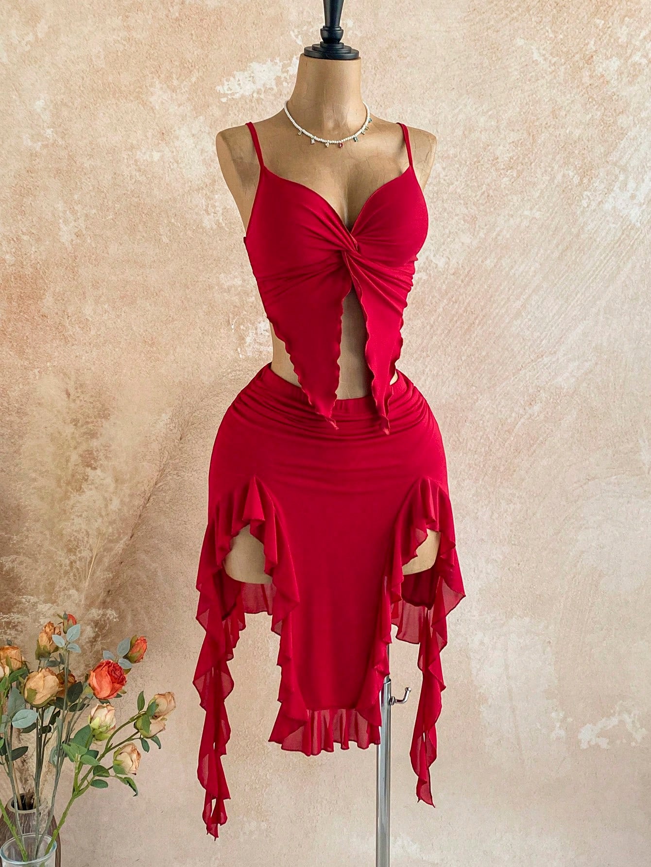 X YERIMUA Soleia 2pcs Women's Vacation Twist Camisole Asymmetric Ruffle Hem Skirt Set New Year Dress Elegant Sexy For Party Club Night Out Red Summer
