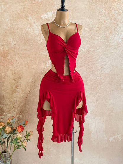 X YERIMUA Soleia 2pcs Women's Vacation Twist Camisole Asymmetric Ruffle Hem Skirt Set New Year Dress Elegant Sexy For Party Club Night Out Red Summer