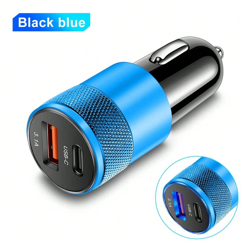 XJDR 1pc 3.1A Dual Port USB Car Charger With USB-A And USB-C Ports, Aluminum Alloy Metal Fast Charging Adapter