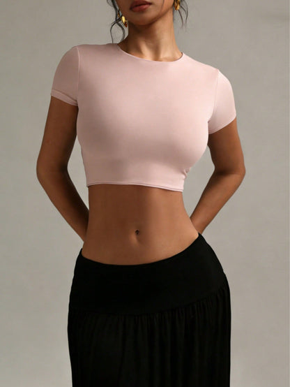 XLLAIS Small Round Neck Short Sleeve Fitted Sport T Shirt Cooling Layer Cute Summer White Tops 2025 Casual