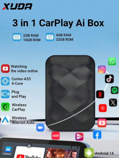 XUDA New Android 14 Wireless CarPlay And Android Auto 3-In-1 Smart Box Quad-Core 2GB RAM+16GB ROM/4GB RAM+32GB ROM Plug And Play Built-In App Support 98% Of Original Wired CarPlay Or Wired Android Aut