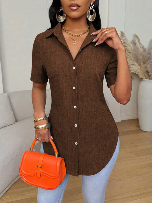 Xyvia Summer Casual Solid Color Side Slit Curved Hem Shirt