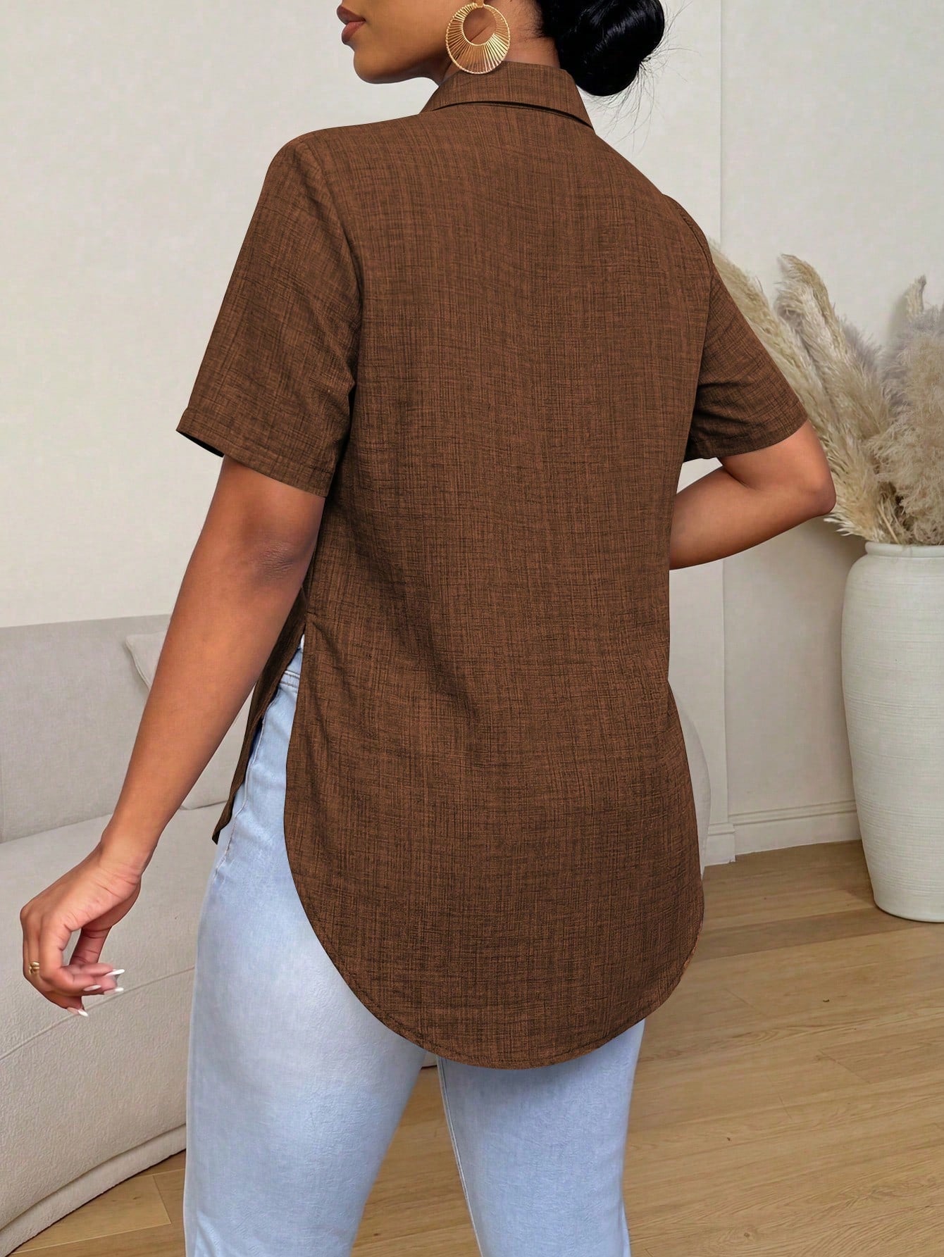 Xyvia Summer Casual Solid Color Side Slit Curved Hem Shirt