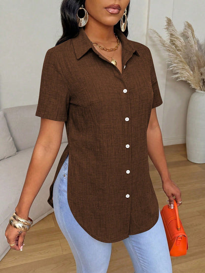 Xyvia Summer Casual Solid Color Side Slit Curved Hem Shirt