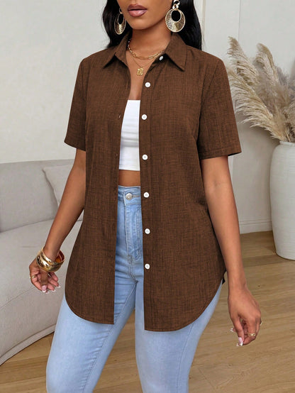 Xyvia Summer Casual Solid Color Side Slit Curved Hem Shirt