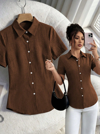 Xyvia Summer Casual Solid Color Side Slit Curved Hem Shirt