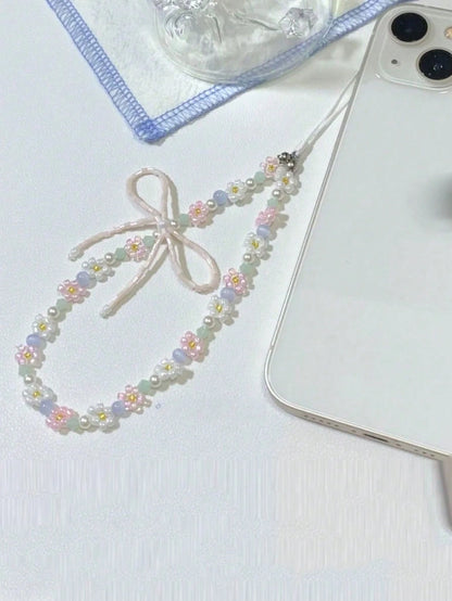 Y2K Cute Bowknot Flower Beaded Phone Lanyard Simplicity Short Phone Strap Style Phone Earphones Backpack Camera Chain Pendant Accessories Gifts For Mother, Family, Friends, Birthday, Holiday Phone Cha
