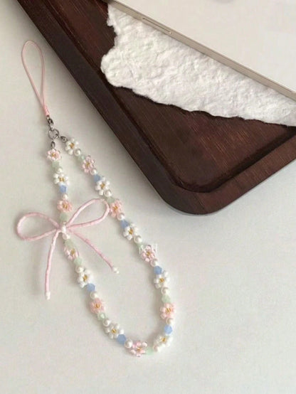 Y2K Cute Bowknot Flower Beaded Phone Lanyard Simplicity Short Phone Strap Style Phone Earphones Backpack Camera Chain Pendant Accessories Gifts For Mother, Family, Friends, Birthday, Holiday Phone Cha