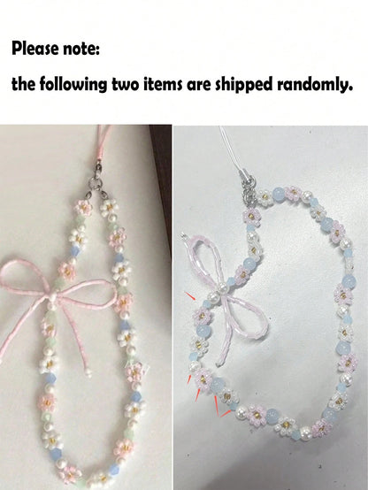 Y2K Cute Bowknot Flower Beaded Phone Lanyard Simplicity Short Phone Strap Style Phone Earphones Backpack Camera Chain Pendant Accessories Gifts For Mother, Family, Friends, Birthday, Holiday Phone Cha