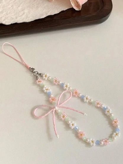 Y2K Cute Bowknot Flower Beaded Phone Lanyard Simplicity Short Phone Strap Style Phone Earphones Backpack Camera Chain Pendant Accessories Gifts For Mother, Family, Friends, Birthday, Holiday Phone Cha