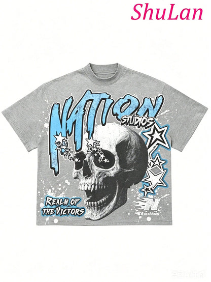 Y2K Hip-Hop Men's Vintage Skull Star Graphic Tee Streetwear Men Summer Casual Fashion Men Clothes Top