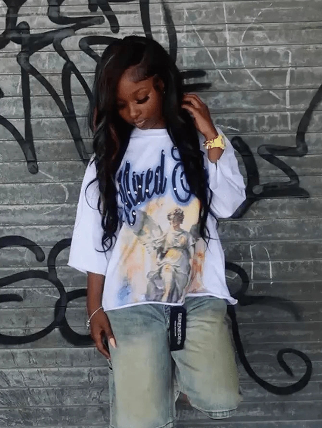Y2K Style Women's Summer T-Shirt- Oil Painting Angel- Printed Pattern T-Shirt, Made Of 100% Pure Cotton Fabric, Suitable For Women's Daily Wear