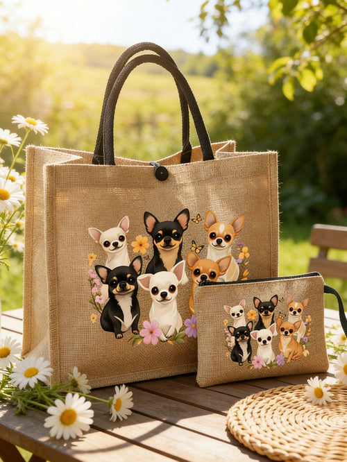 Yellow Linen Tote Bag With Adorable Poodle Pattern, Includes Yellow Linen Zipper Pouch, Large Capacity Yellow Linen Shopping Bag, Women's Large Capacity Linen Tote Bag, Durable Reusable Material, Mult