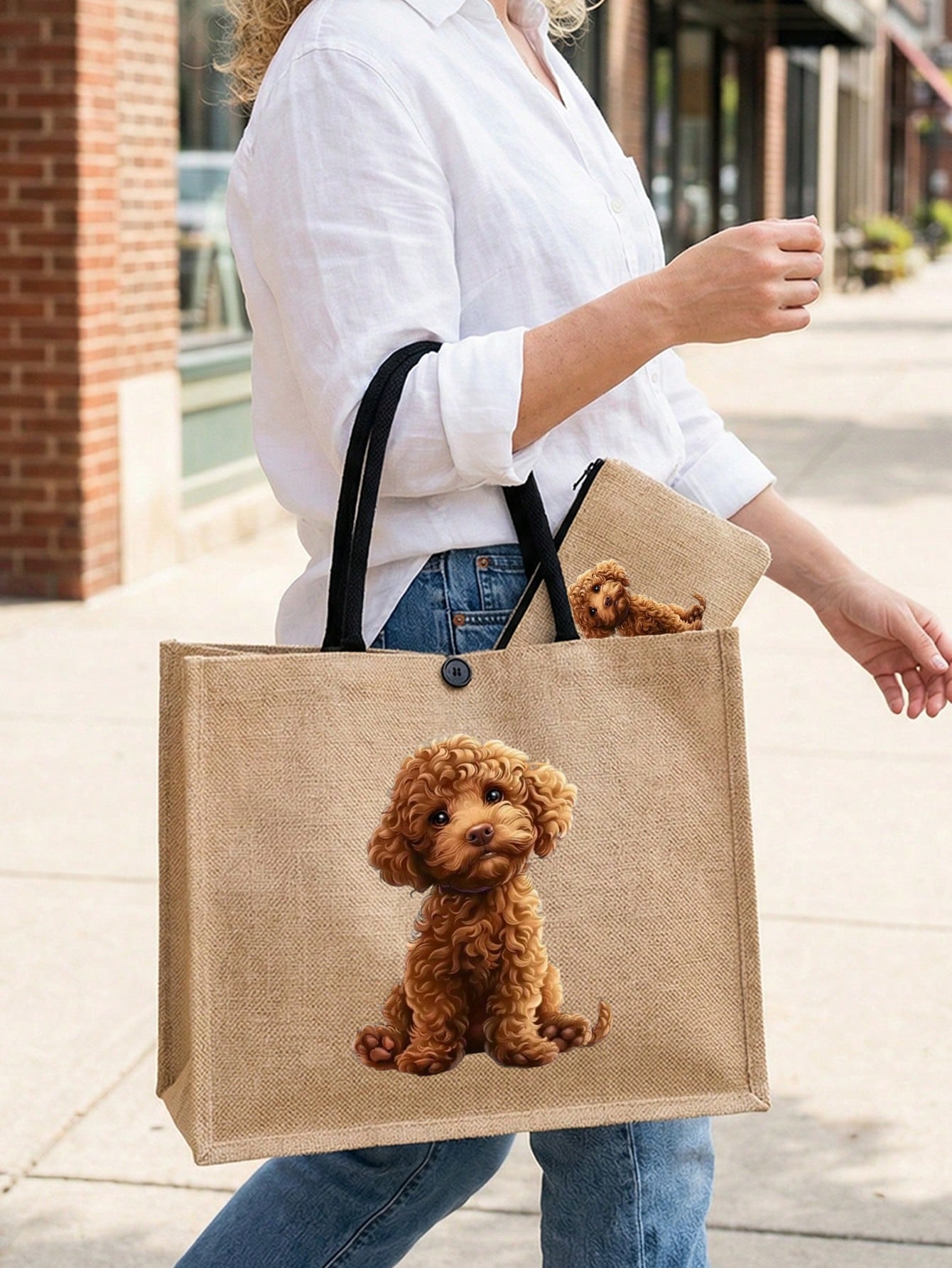 Yellow Linen Tote Bag With Adorable Poodle Pattern, Includes Yellow Linen Zipper Pouch, Large Capacity Yellow Linen Shopping Bag, Women's Large Capacity Linen Tote Bag, Durable Reusable Material, Mult