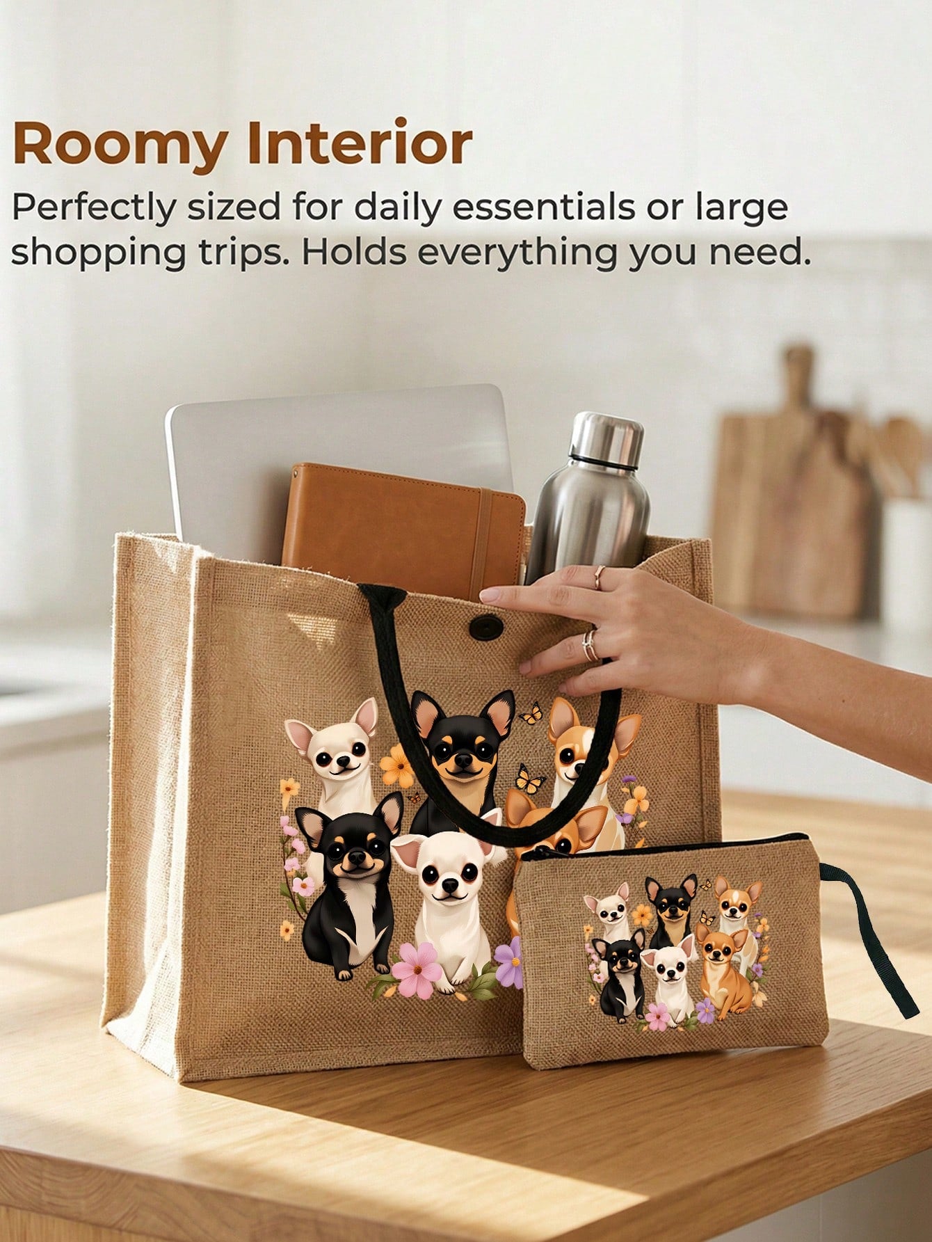 Yellow Linen Tote Bag With Adorable Poodle Pattern, Includes Yellow Linen Zipper Pouch, Large Capacity Yellow Linen Shopping Bag, Women's Large Capacity Linen Tote Bag, Durable Reusable Material, Mult