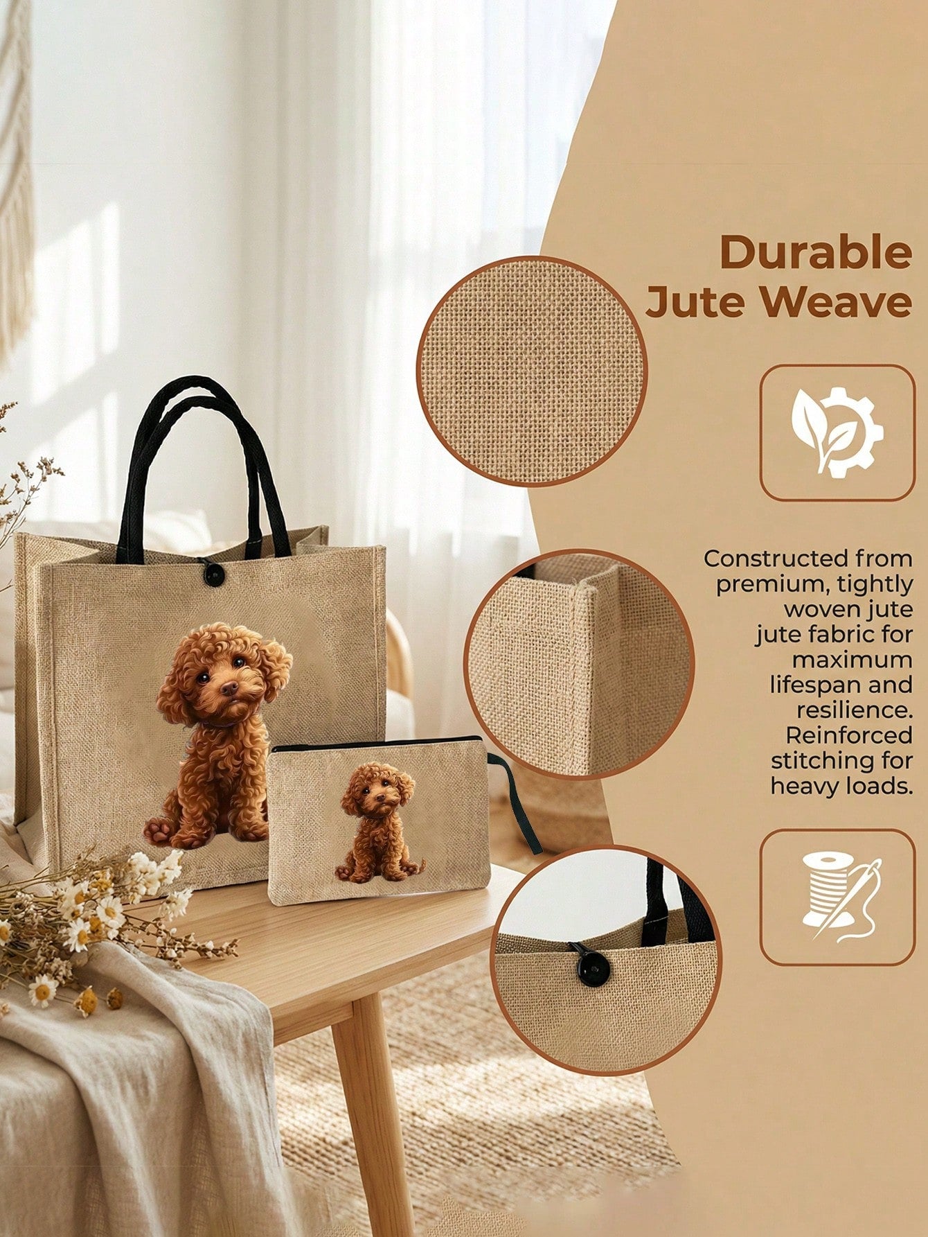 Yellow Linen Tote Bag With Adorable Poodle Pattern, Includes Yellow Linen Zipper Pouch, Large Capacity Yellow Linen Shopping Bag, Women's Large Capacity Linen Tote Bag, Durable Reusable Material, Mult