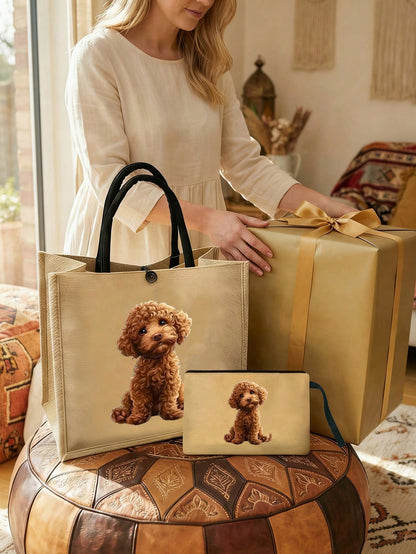 Yellow Linen Tote Bag With Adorable Poodle Pattern, Includes Yellow Linen Zipper Pouch, Large Capacity Yellow Linen Shopping Bag, Women's Large Capacity Linen Tote Bag, Durable Reusable Material, Mult