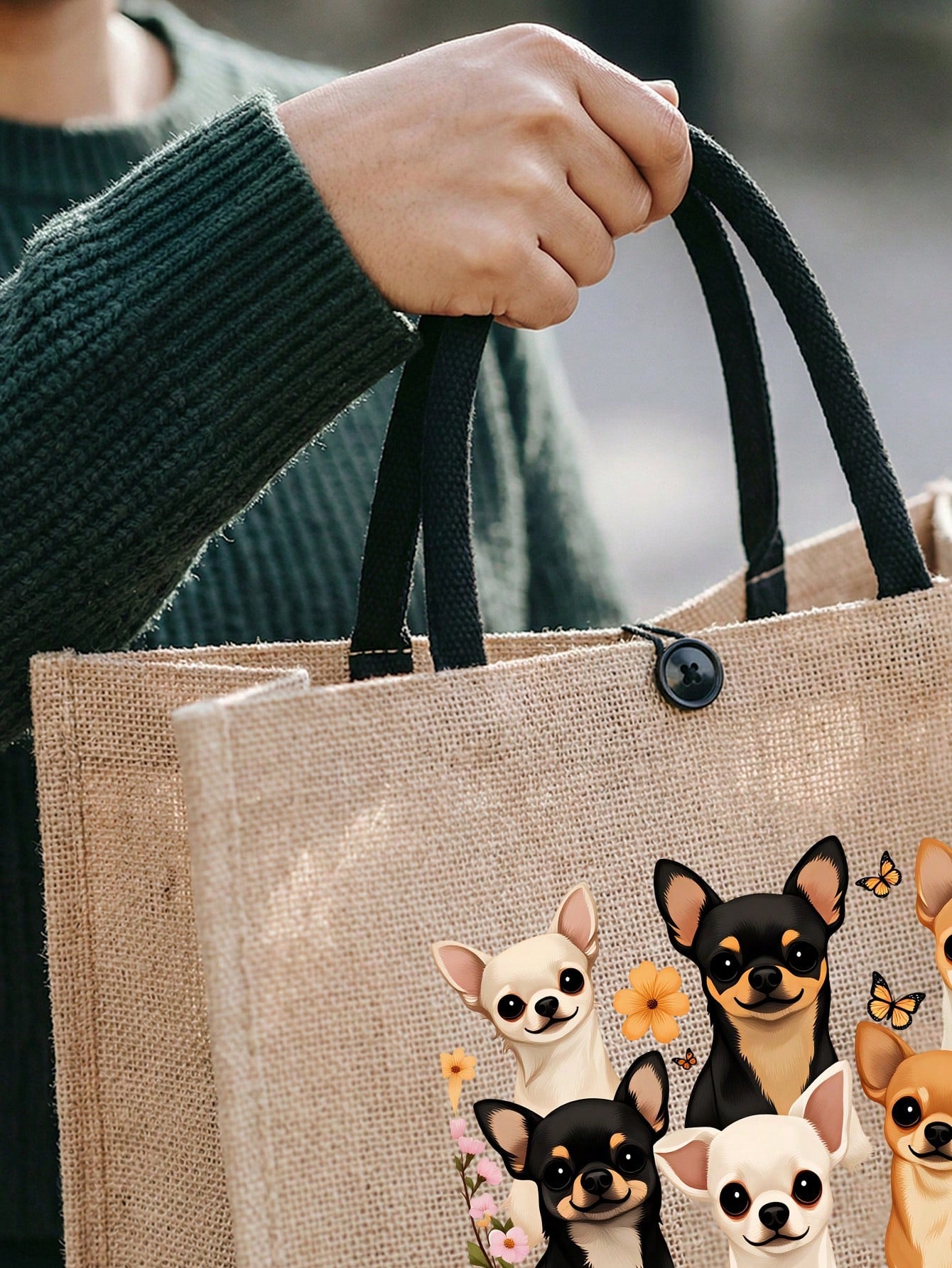 Yellow Linen Tote Bag With Adorable Poodle Pattern, Includes Yellow Linen Zipper Pouch, Large Capacity Yellow Linen Shopping Bag, Women's Large Capacity Linen Tote Bag, Durable Reusable Material, Mult