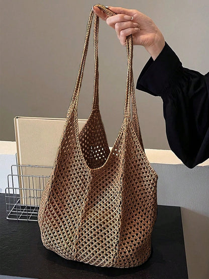 Yogodlns Women's Hollow Woven Shoulder Bag, Large Capacity Knitted Underarm Bag, Solid Color Crochet Handbag, Summer Mesh Beach Bag, Women's Knitted Shoulder Bag, Hollow Aesthetic Hobo Bag, Large Capa