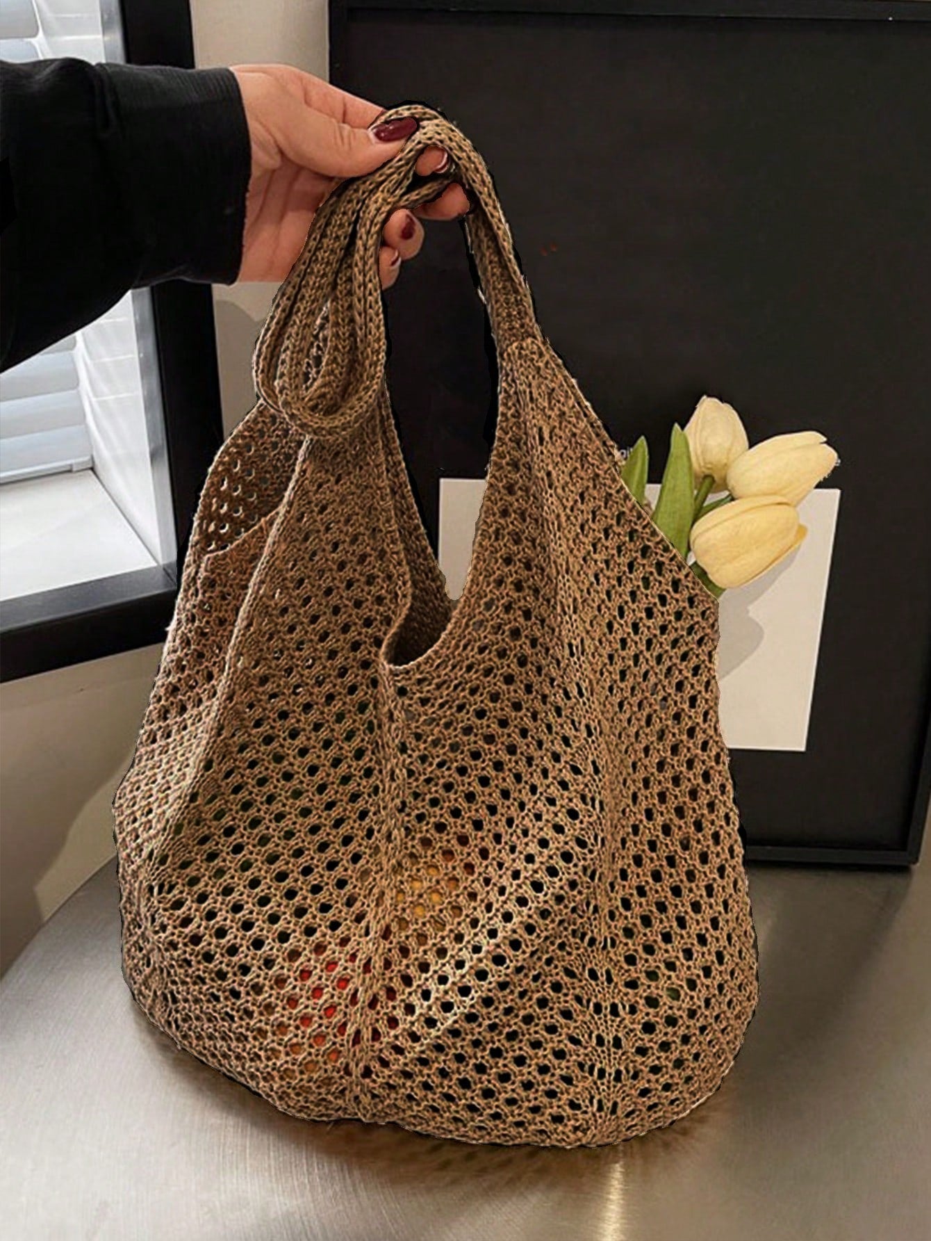 Yogodlns Women's Hollow Woven Shoulder Bag, Large Capacity Knitted Underarm Bag, Solid Color Crochet Handbag, Summer Mesh Beach Bag, Women's Knitted Shoulder Bag, Hollow Aesthetic Hobo Bag, Large Capa