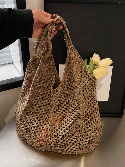 Yogodlns Women's Hollow Woven Shoulder Bag, Large Capacity Knitted Underarm Bag, Solid Color Crochet Handbag, Summer Mesh Beach Bag, Women's Knitted Shoulder Bag, Hollow Aesthetic Hobo Bag, Large Capa