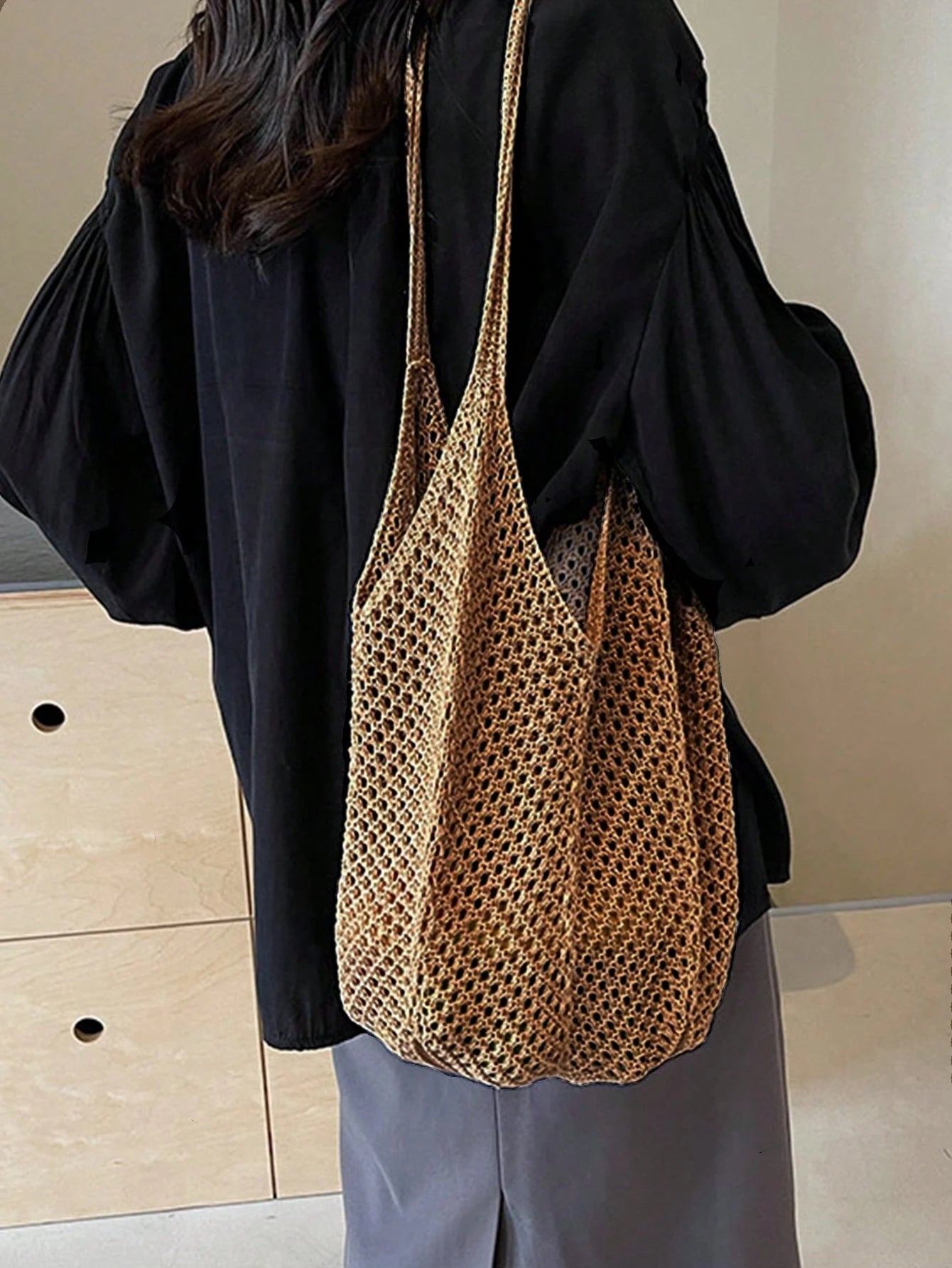 Yogodlns Women's Hollow Woven Shoulder Bag, Large Capacity Knitted Underarm Bag, Solid Color Crochet Handbag, Summer Mesh Beach Bag, Women's Knitted Shoulder Bag, Hollow Aesthetic Hobo Bag, Large Capa