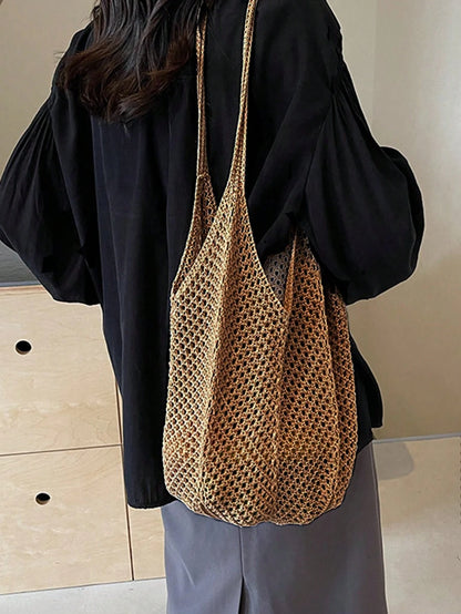 Yogodlns Women's Hollow Woven Shoulder Bag, Large Capacity Knitted Underarm Bag, Solid Color Crochet Handbag, Summer Mesh Beach Bag, Women's Knitted Shoulder Bag, Hollow Aesthetic Hobo Bag, Large Capa