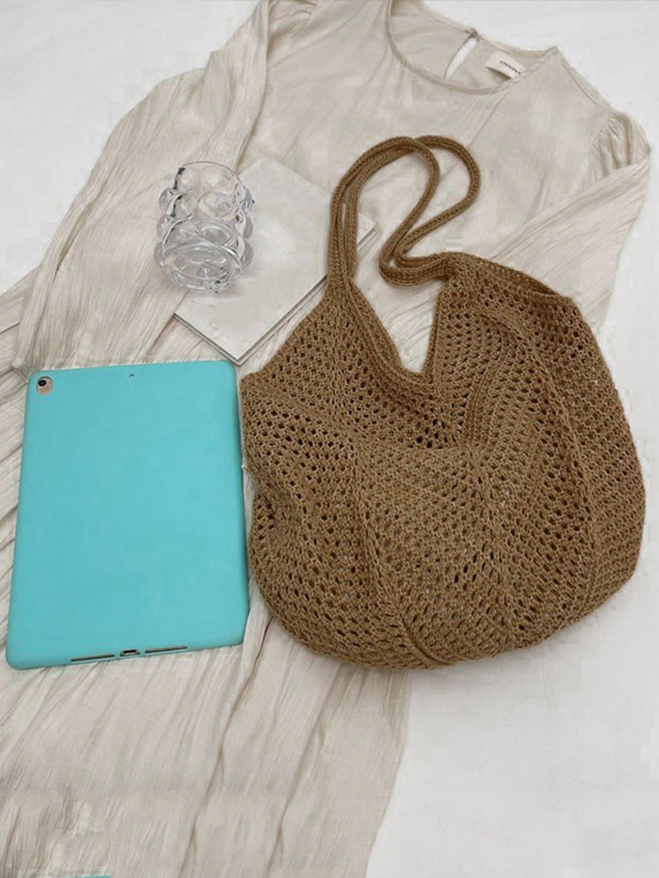 Yogodlns Women's Hollow Woven Shoulder Bag, Large Capacity Knitted Underarm Bag, Solid Color Crochet Handbag, Summer Mesh Beach Bag, Women's Knitted Shoulder Bag, Hollow Aesthetic Hobo Bag, Large Capa
