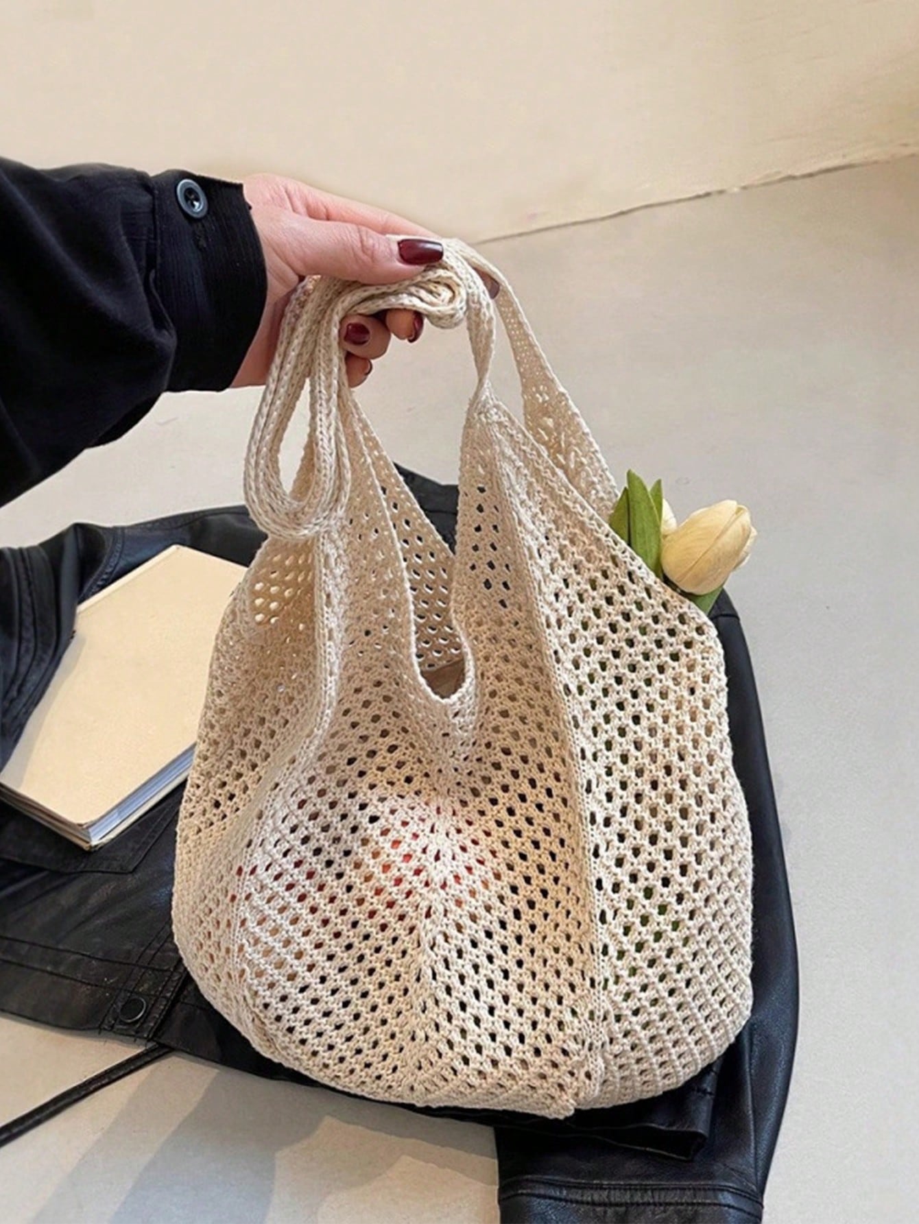 Yogodlns Women's Hollow Woven Shoulder Bag, Large Capacity Knitted Underarm Bag, Solid Color Crochet Handbag, Summer Mesh Beach Bag, Women's Knitted Shoulder Bag, Hollow Aesthetic Hobo Bag, Large Capa