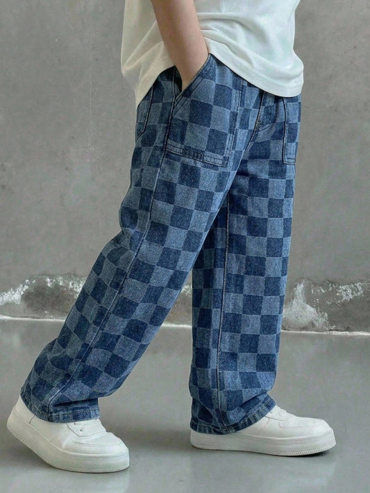 Young Boy Blue Casual Soft Plaid Checkered Denim Loose Wide Leg Baggy Jeans With Pocket, Summer, Back-To-School