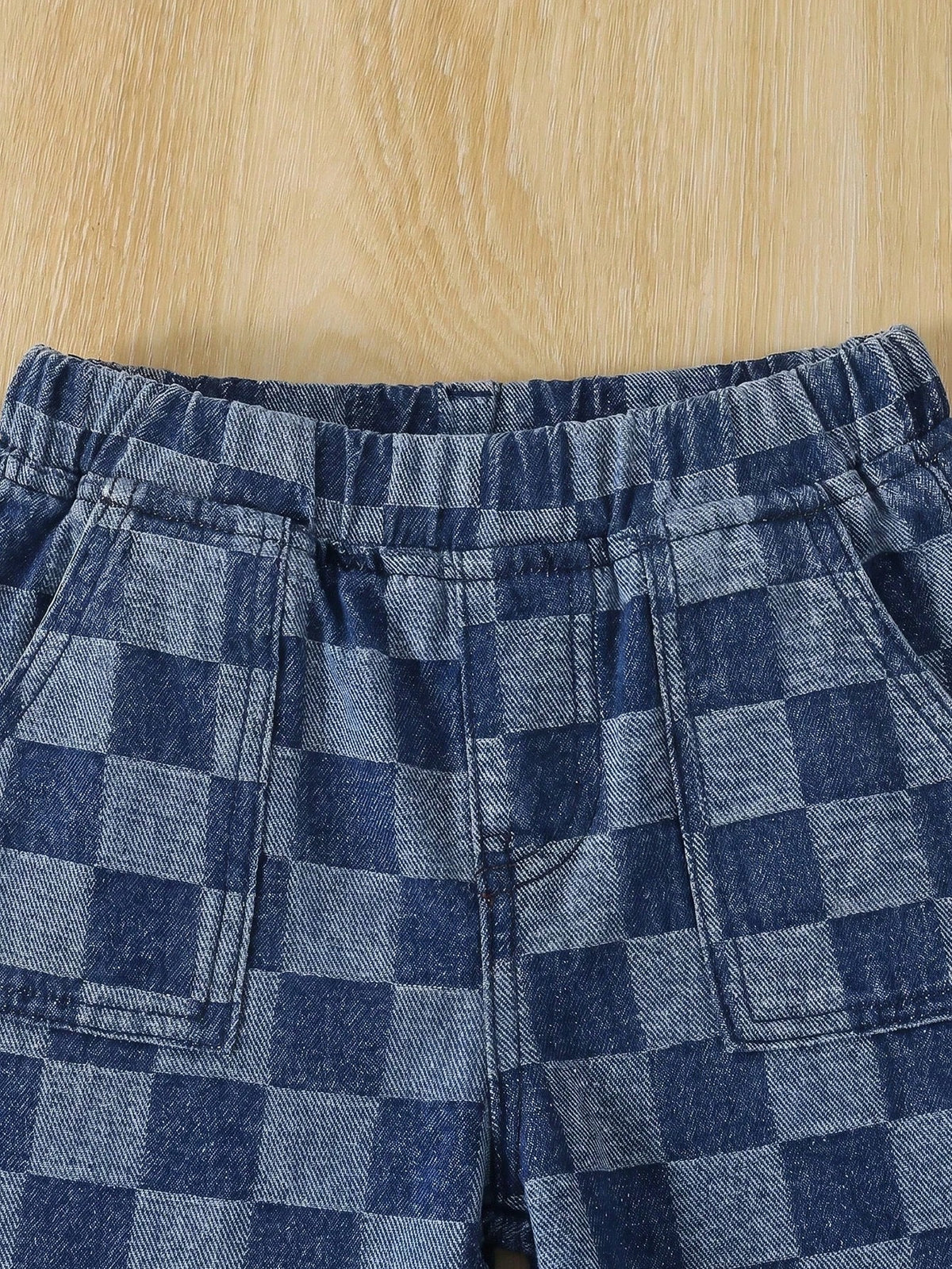 Young Boy Blue Casual Soft Plaid Checkered Denim Loose Wide Leg Baggy Jeans With Pocket, Summer, Back-To-School