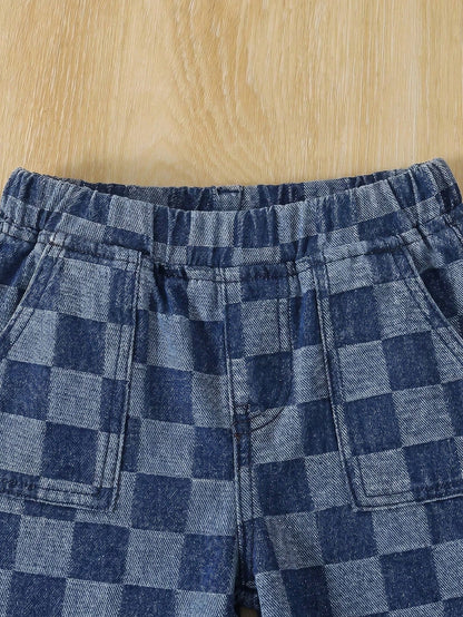 Young Boy Blue Casual Soft Plaid Checkered Denim Loose Wide Leg Baggy Jeans With Pocket, Summer, Back-To-School